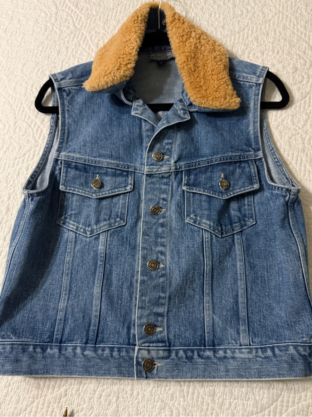 Women’s Blue Denim Vest with removable Tan Sherpa Collar